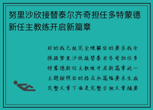 努里沙欣接替泰尔齐奇担任多特蒙德新任主教练开启新篇章 努里沙欣接替泰尔齐奇担任多特蒙德新任主教练开启新篇章