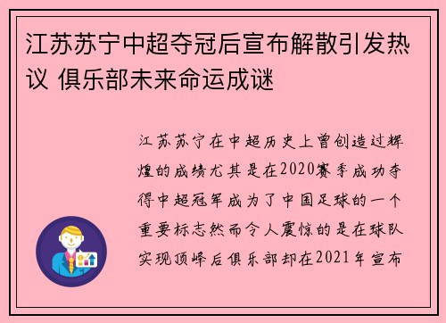 江苏苏宁中超夺冠后宣布解散引发热议 俱乐部未来命运成谜 江苏苏宁中超夺冠后宣布解散引发热议 俱乐部未来命运成谜